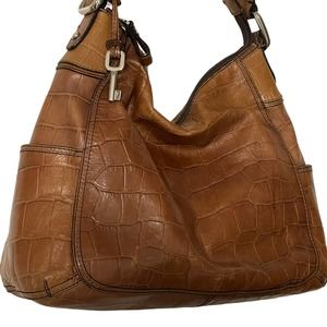 Fossil Brown Croc-Embossed Leather Hobo Bag ~ Zip Top Purse Handbag